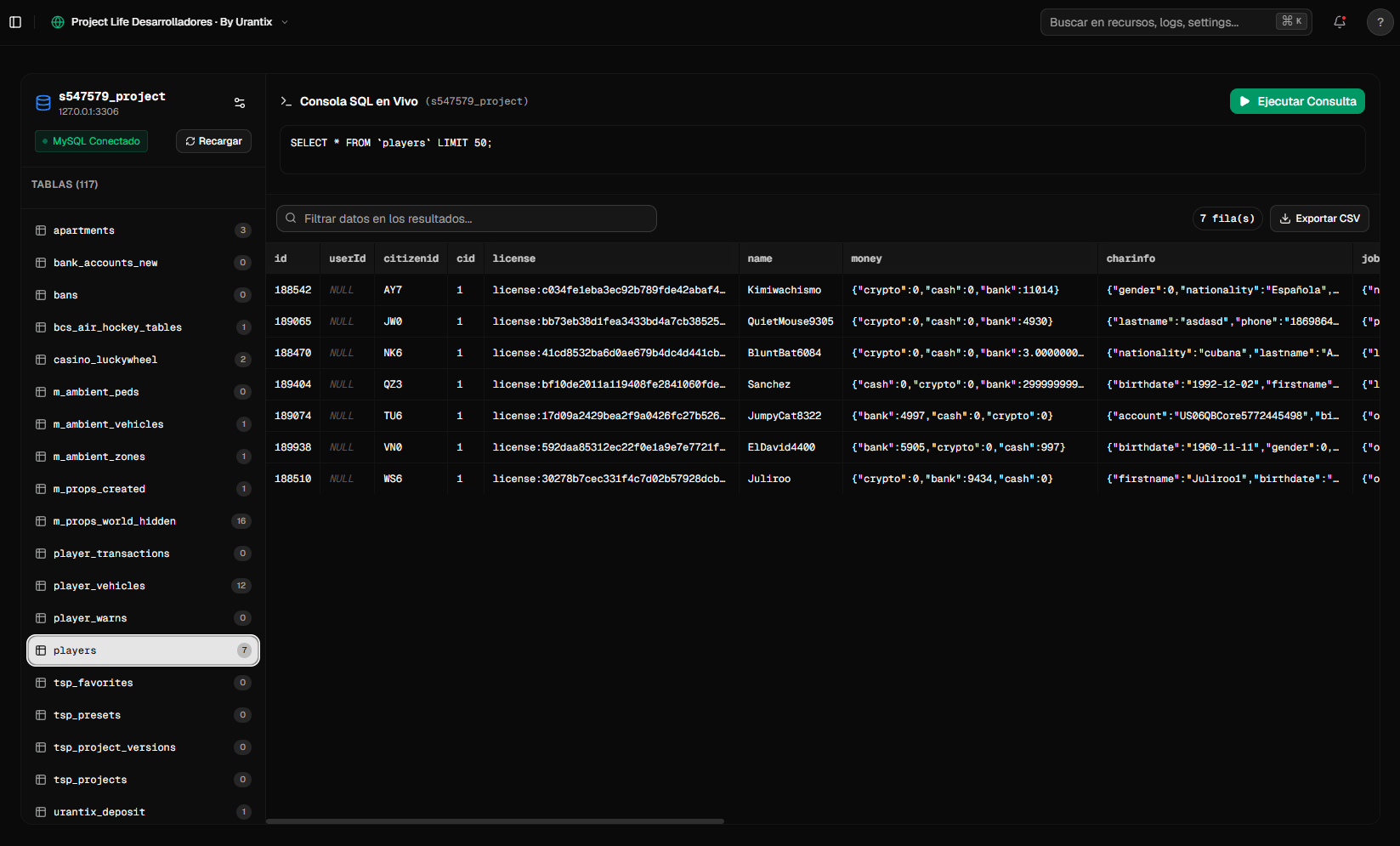 VXCore panel — Base de datos del servidor con tablas y consultas