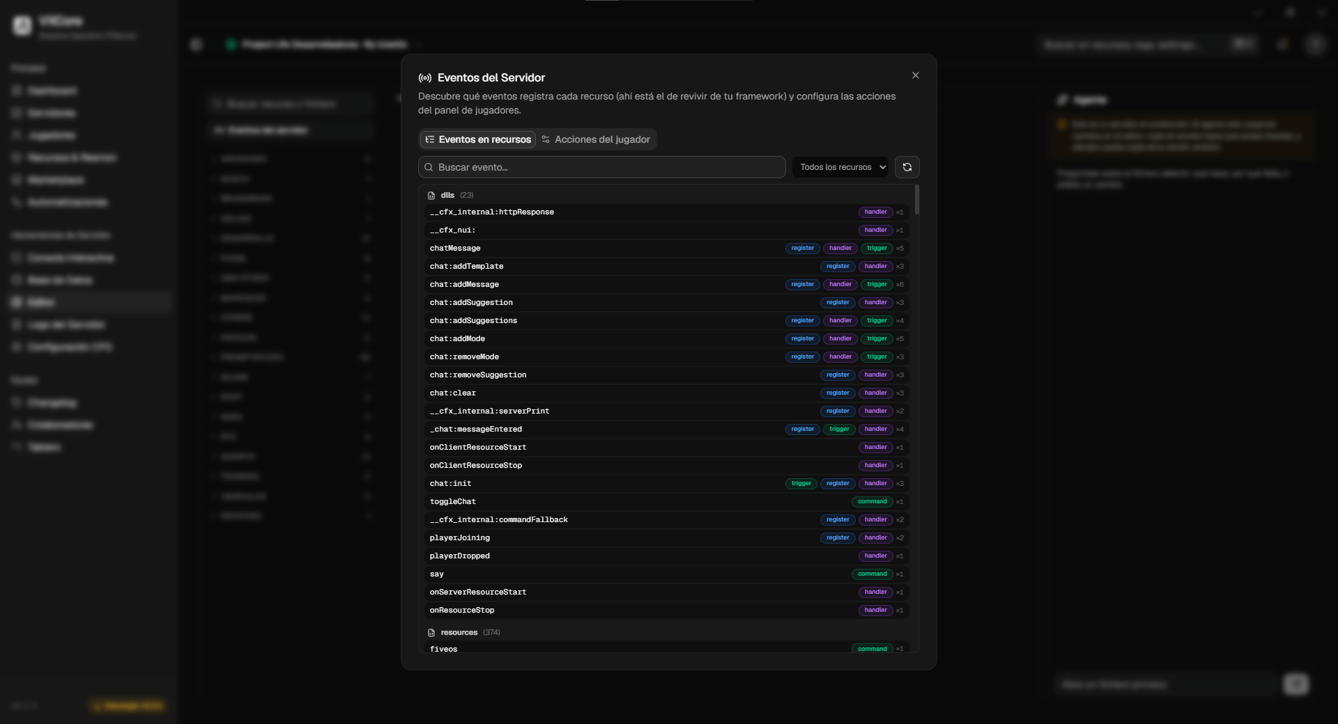 VXCore panel — Eventos del servidor con métricas en tiempo real