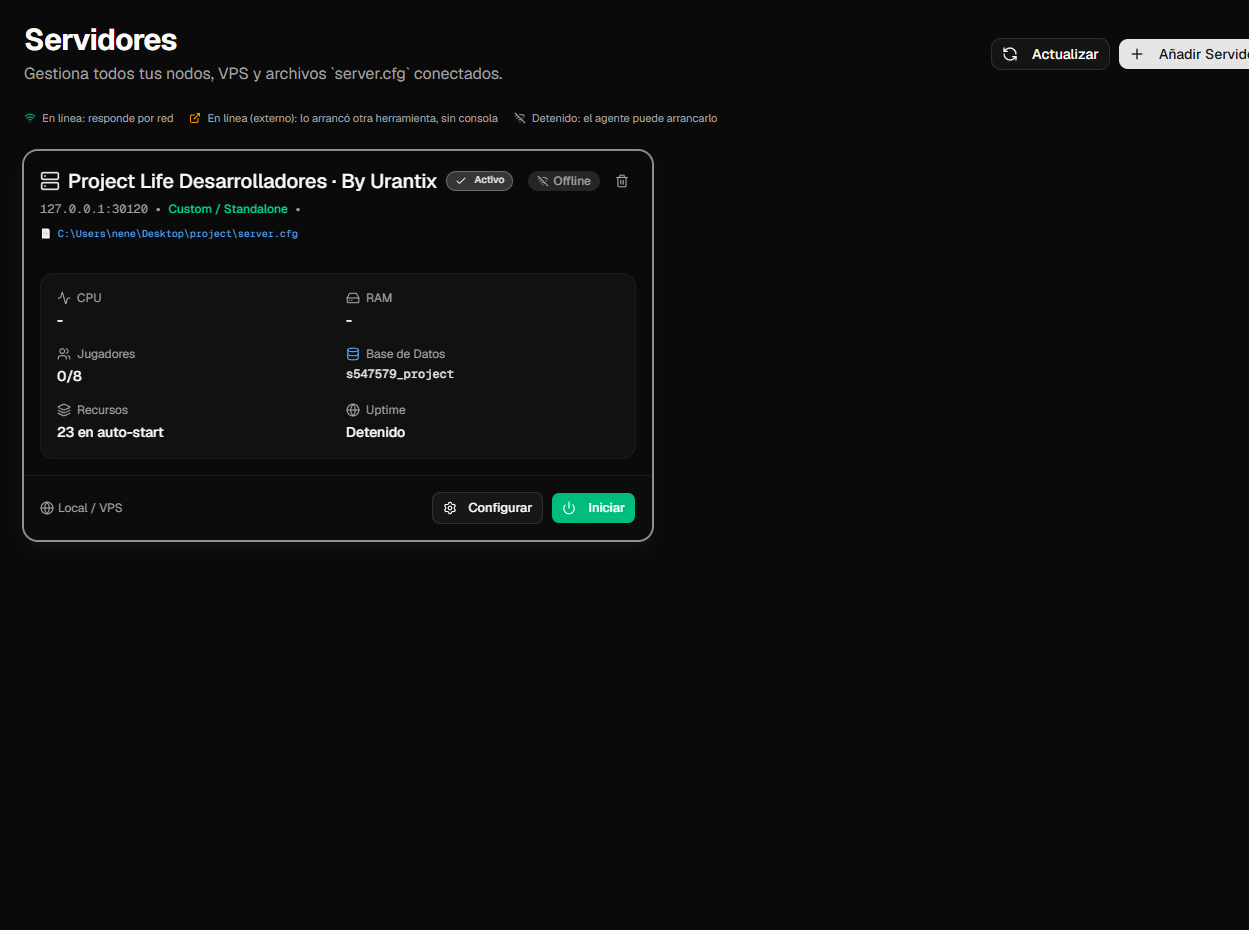 VXCore panel — Lista de servidores conectados con estado y métricas