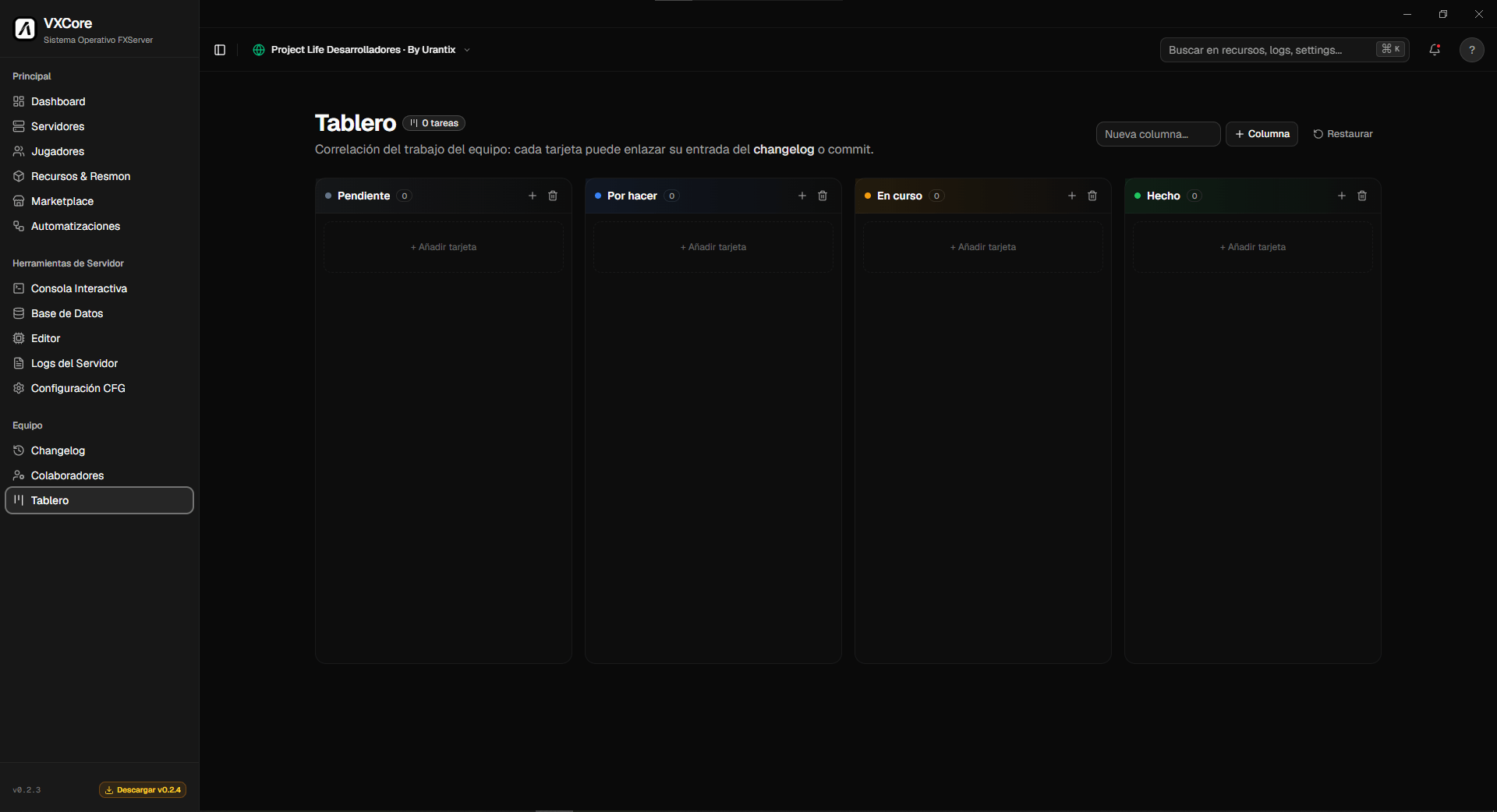 VXCore panel — Tablero de automatizaciones y planificación